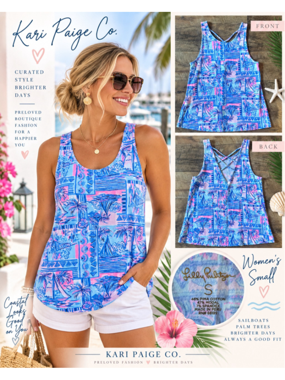 Women's Lilly Pulitzer Tank Top Size S Blue Pink Sailboat Print F26